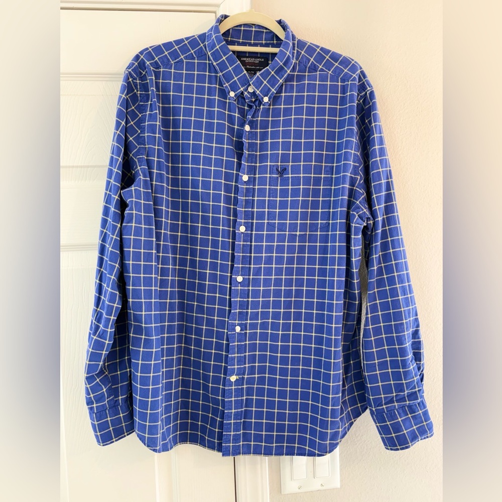 American Eagle Outfitters Blue Plaid Mens Casual Button Up Shirt Athletic Fit XL - Picture 1 of 6